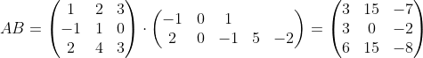 AB=\begin{pmatrix}1&2&3\\-1&1&0\\2&4&3\end{pmatrix}\cdot\begin{pmatrix}-1&0&1\\2&0&-1\\0&5&-2\end{pmatrix}=\begin{pmatrix}3&15&-7\\3&0&-2\\6&15&-8\end{pmatrix}